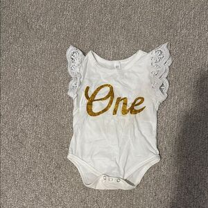 White and Gold Lace Sleeve Baby One Onesie